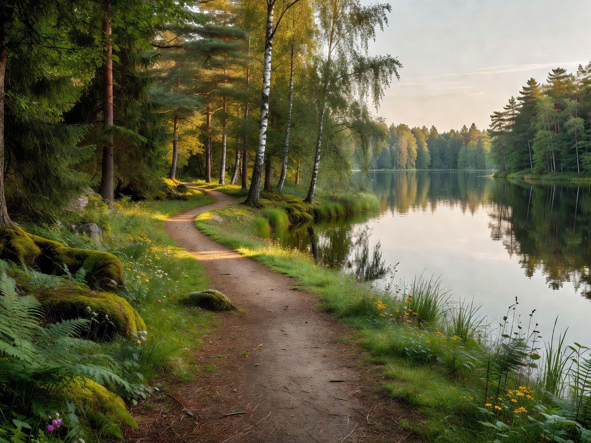Easy-looking woodland path beside a calm lake