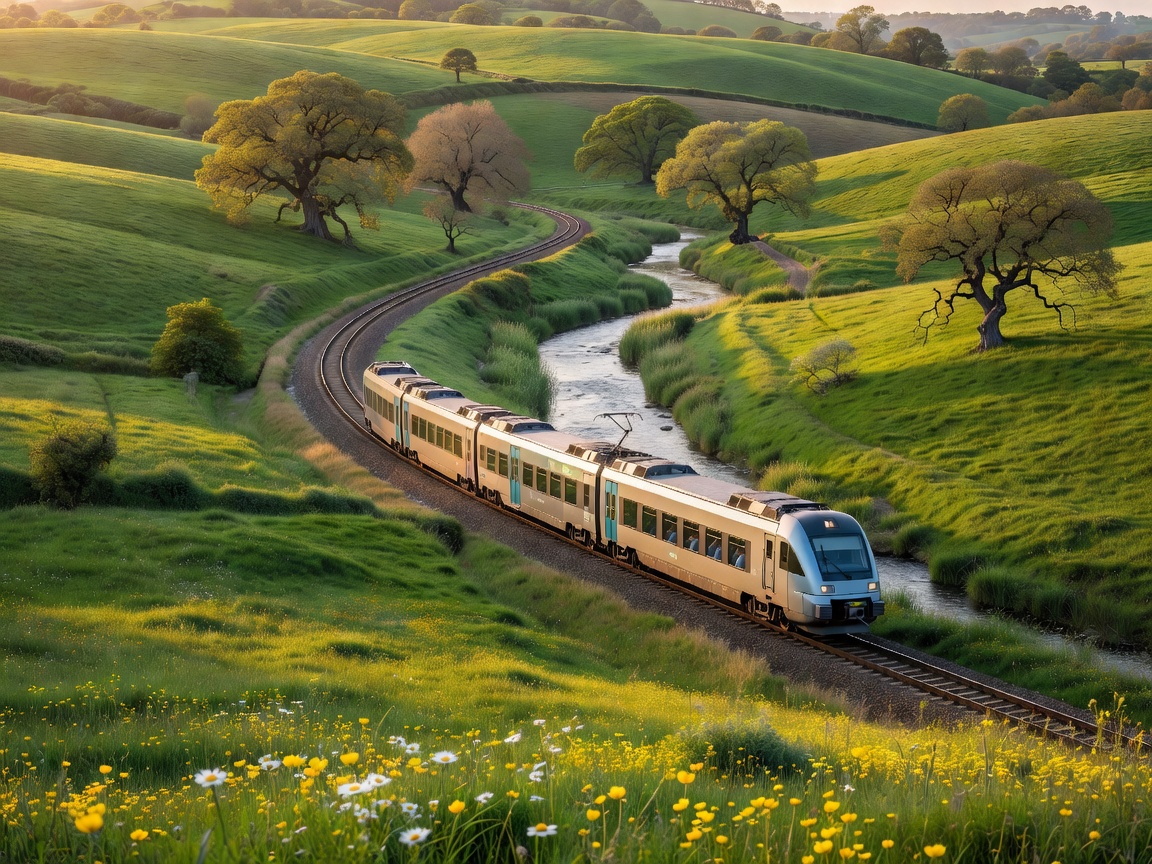 European regional train travelling through a green countryside landscape