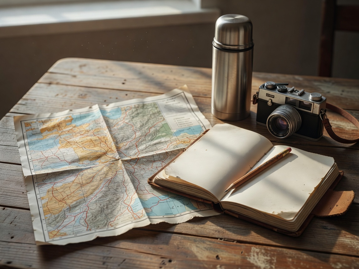 Folded travel map and notebook prepared for a day trip