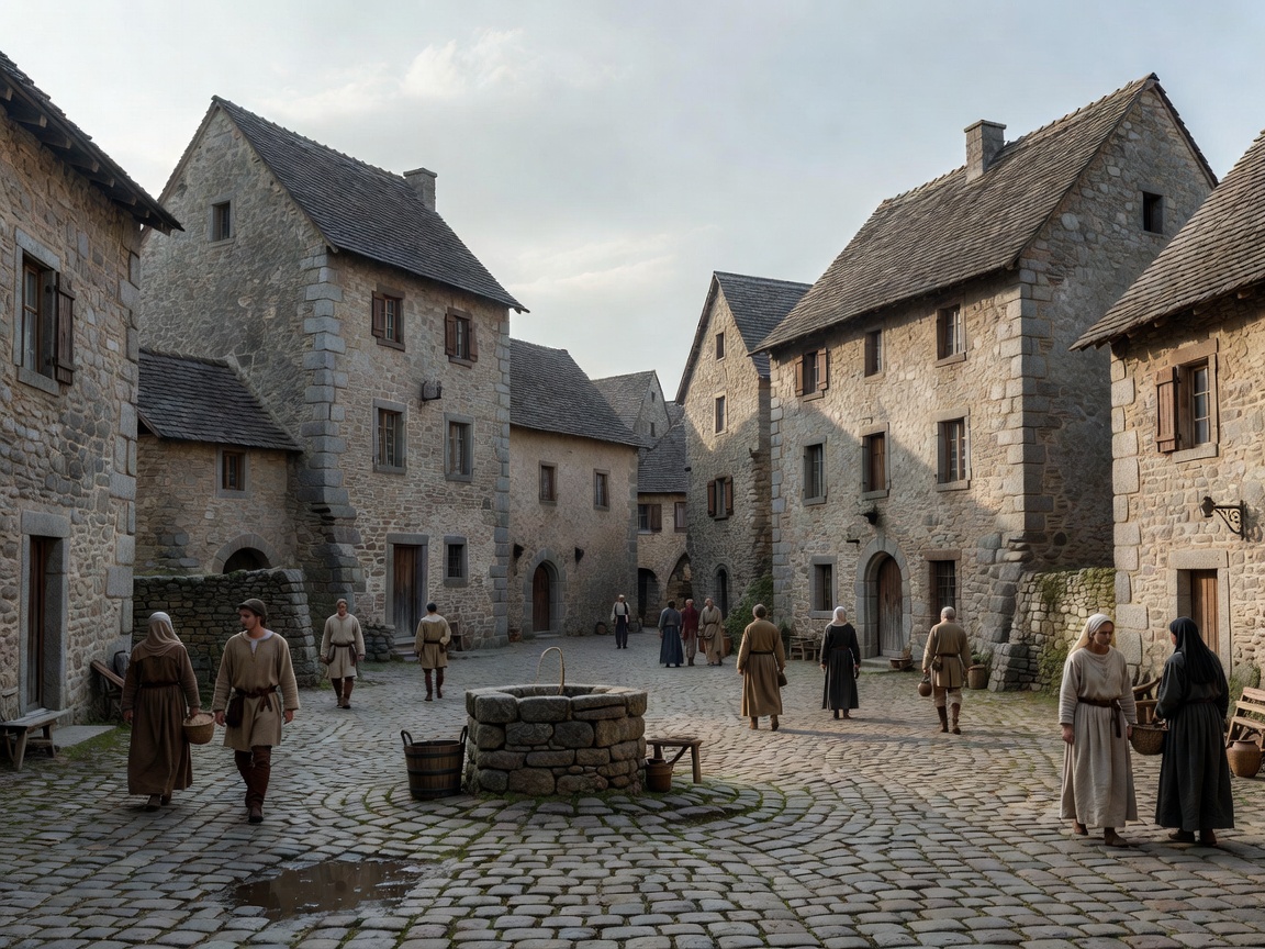 Historic European town square with old stone architecture