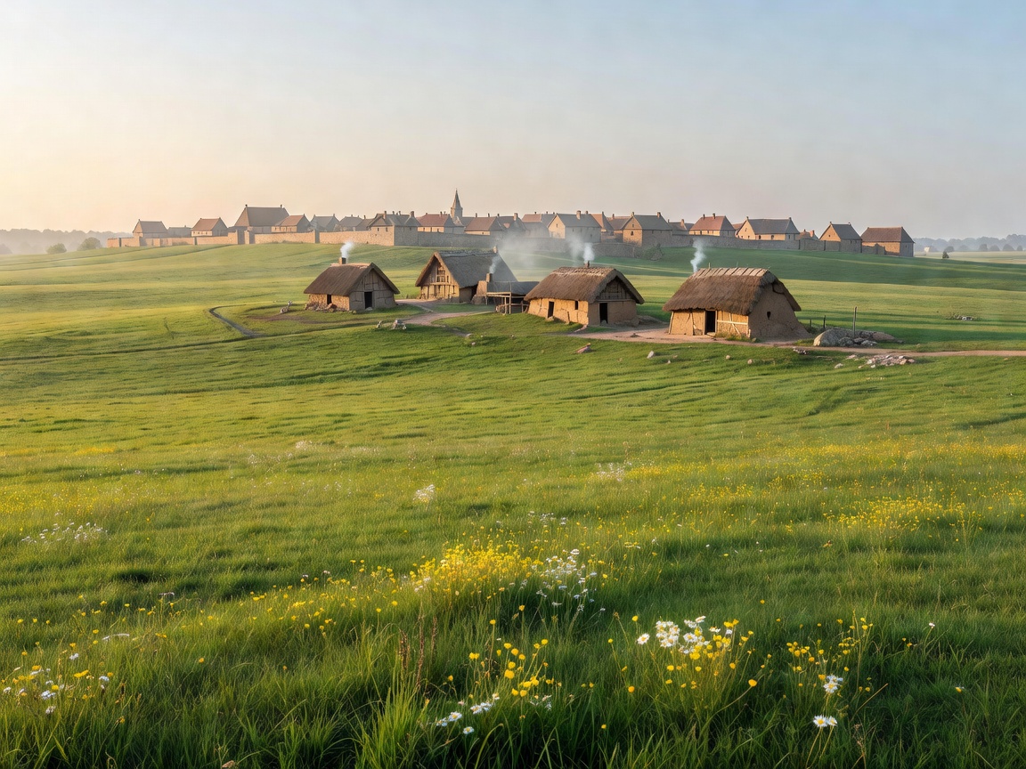 Open green fields and a small rural settlement beyond a European city