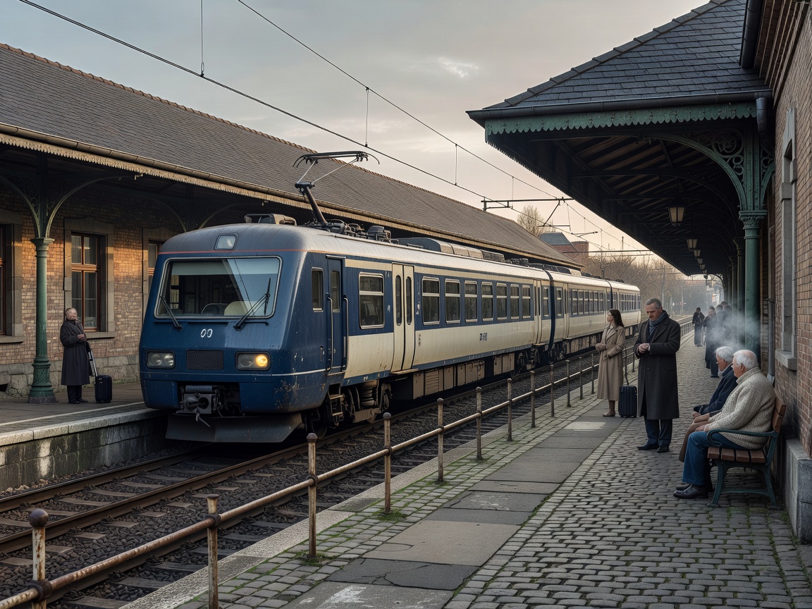 Regional passenger train beside a European station platform