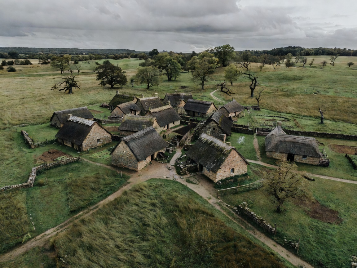Stone village at the edge of open European countryside