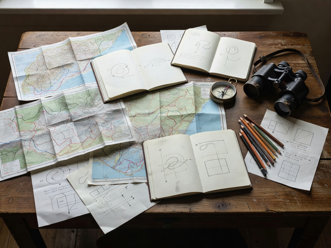 Travel notes, route map and planning materials laid out on a desk