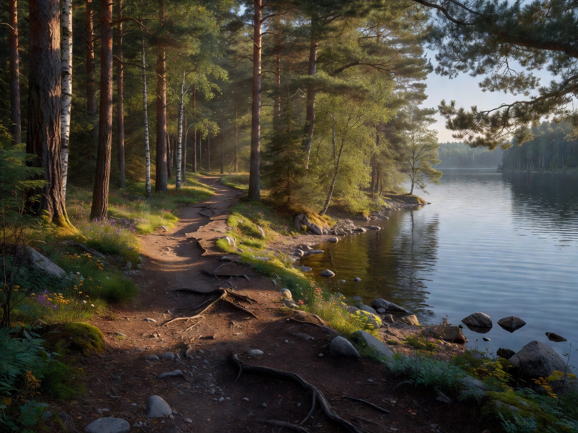 Woodland trail following the edge of a European lake